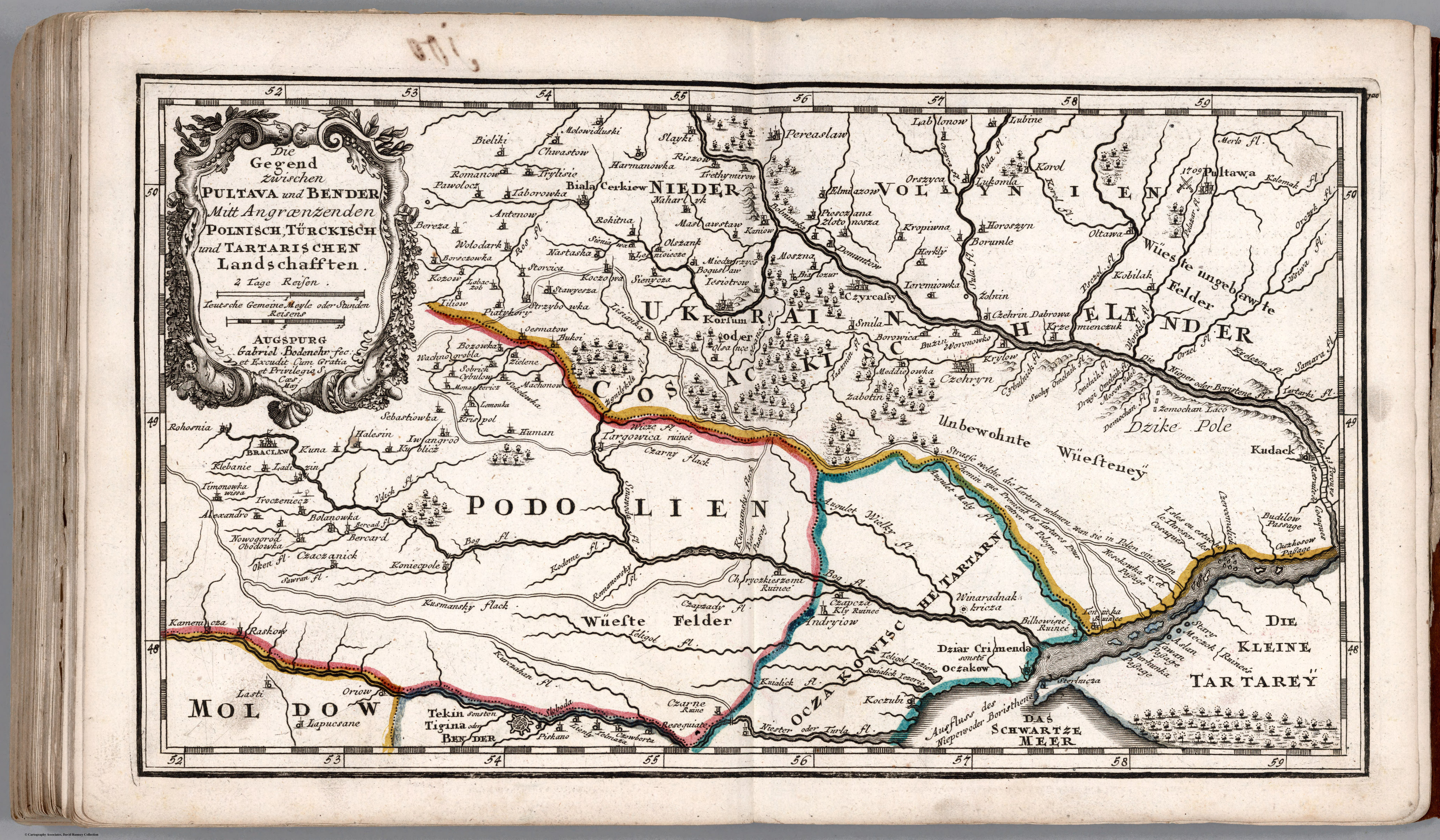 Карта України Габріеля Боденера, 1704 р. Між Пултавою та Бендерами. Curieux oder Neuer und Compendieuser Atlas, 1716 р., м. Аугсбург